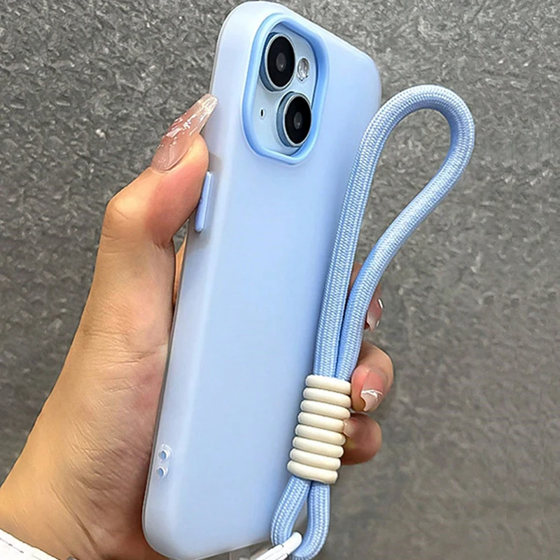 Funda de teléfono con correa para muñeca mate de Color caramelo para iPhone 17 16 Pro Max 15 14 13 12 11 Pro Plus, funda suave a prueba de golpes con cordón colorido - imagen 3