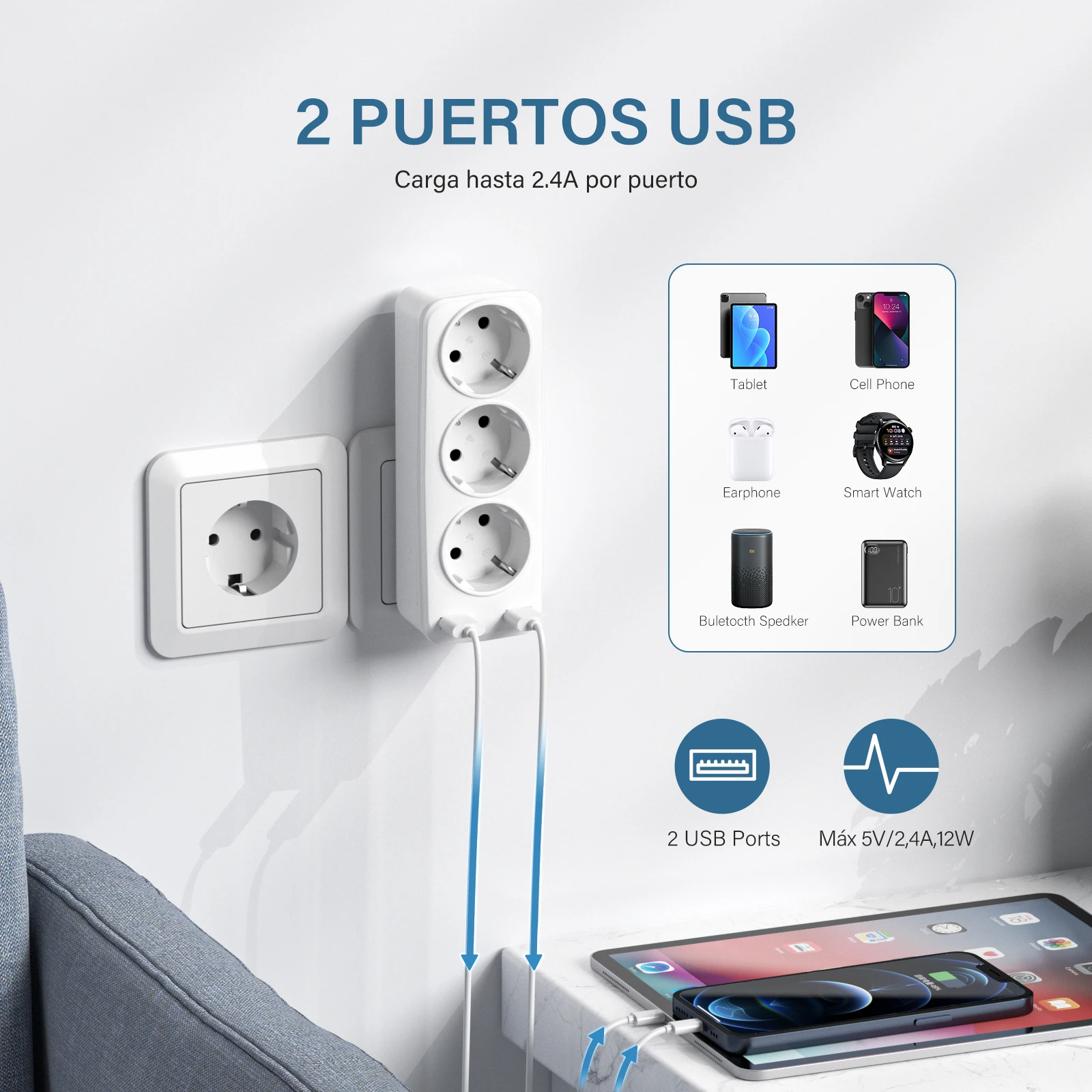 LENCENT EU Plug Extensor de enchufe de pared 5 en 1 con 3 salidas de CA 2 USB 4000W 5V2.4A Cargador de pared para hogar/oficina - imagen 4