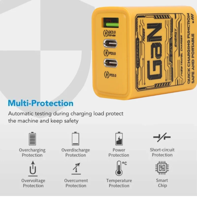 Cargador de teléfono de 3 puertos de 145W protección de energía carga ultra rápida tipo C USB-C QC adaptador de súper carga para Huawei iPhone - imagen 5