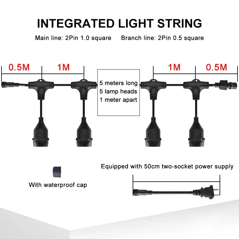 Cadena de luz LED impermeable E27, tienda de campaña, luz de ambiente, 110-230V, cable de alimentación para exteriores, conector de serie de decoración de boda - imagen 4