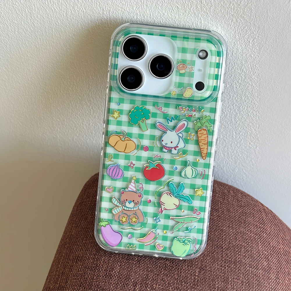Funda de teléfono con purpurina láser de dibujos animados con diseño de rejilla verde de animales bonitos para iPhone 13 14 16 15 17 Pro 17ProMax cubierta transparente a prueba de golpes - imagen 2