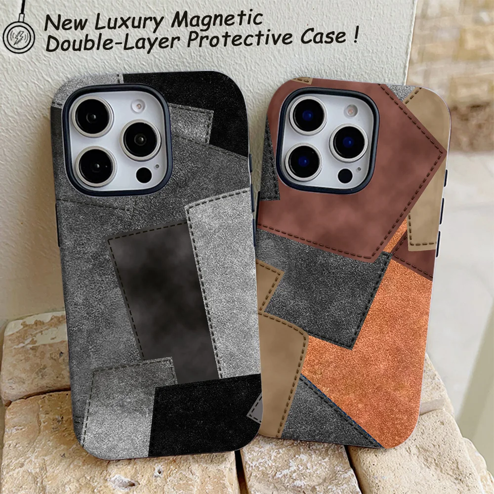 Funda de teléfono con diseño de retazos de cuero para iPhone 16, 15, 14, 13, 12, 11 Pro Max Plus, funda trasera magnética de lujo de doble capa