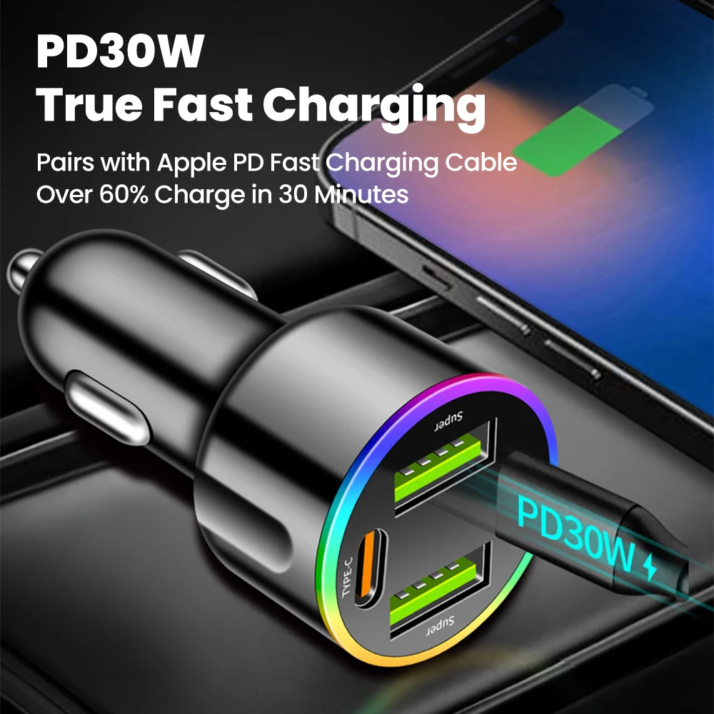 Cargador de coche colorido de 2/3/4 puertos, 60W, carga rápida, 2USB + 2PD, adaptador de cargador de teléfono para coche para iphone, Samsung, Huawei, Xiaomi