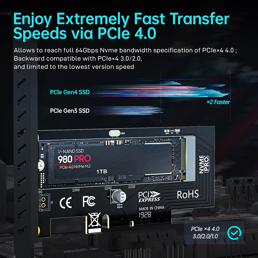JEYI-adaptador M.2 NVME a PCIe 4,0 3,0 SSD, tarjeta de expansión PCIe 4,0 X4 X8 X16 de 64Gbps para PC de escritorio, PCI-E GEN4 GEN3 de velocidad completa - imagen 2