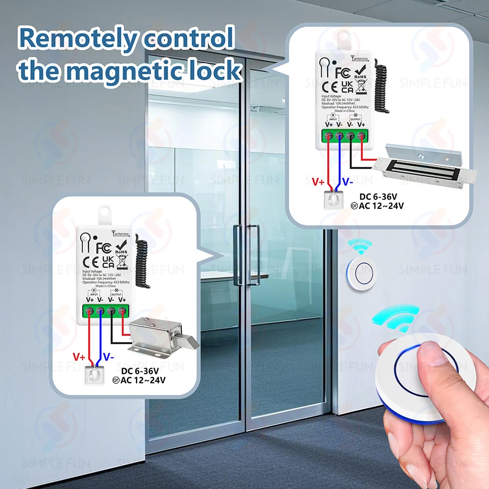 433Mhz DC 12V interruptor de luz de control remoto inalámbrico DC 6V-36V 10A receptor de relé 50m de alcance, para bombas LED ventilador cerradura magnética ON OFF - imagen 5