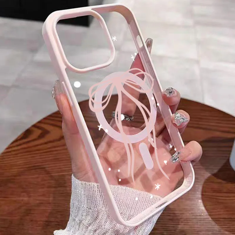 Funda de teléfono de silicona magnética transparente con cinta de lazo rosa para iPhone 17 Pro, fundas para iPhone 16 15 14 13 12 11 Pro Max Plus Air Cover
