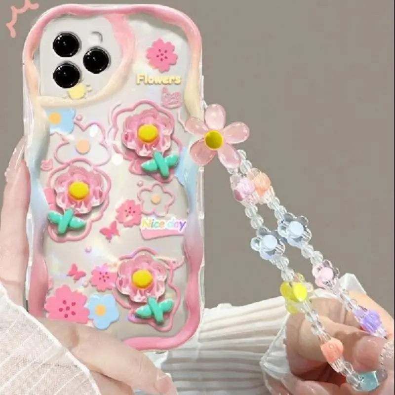 Funda con cadena de muñeca y flores para OPPO, cubierta bonita para pulsera, Reno 11, 5G, 11F, 8, 11, 12 Pro, 12F, 8T, A58, A78, A79, A98, 5G, Reno 7, 4G, 5, 6 Lite, A38 - imagen 2