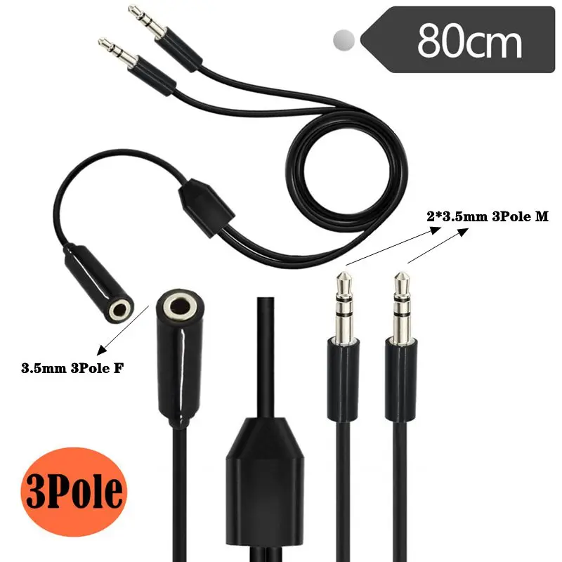 Cable de audio 1/2 de 80 cm, 3 polos de 3,5 mm, cable de conexión de audio de una hembra a dos machos, cable de audio auxiliar para automóvil 1/2 - imagen 2
