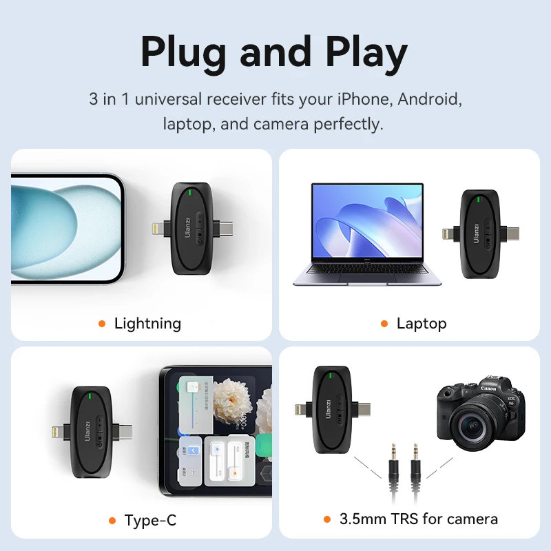 Ulanzi-micrófono Lavalier inalámbrico V6, 2,4G, 3 en 1, Lightning tipo C, puertos de 3,5mm para iPhone 15, Android, cámara, portátil, grabación - imagen 2