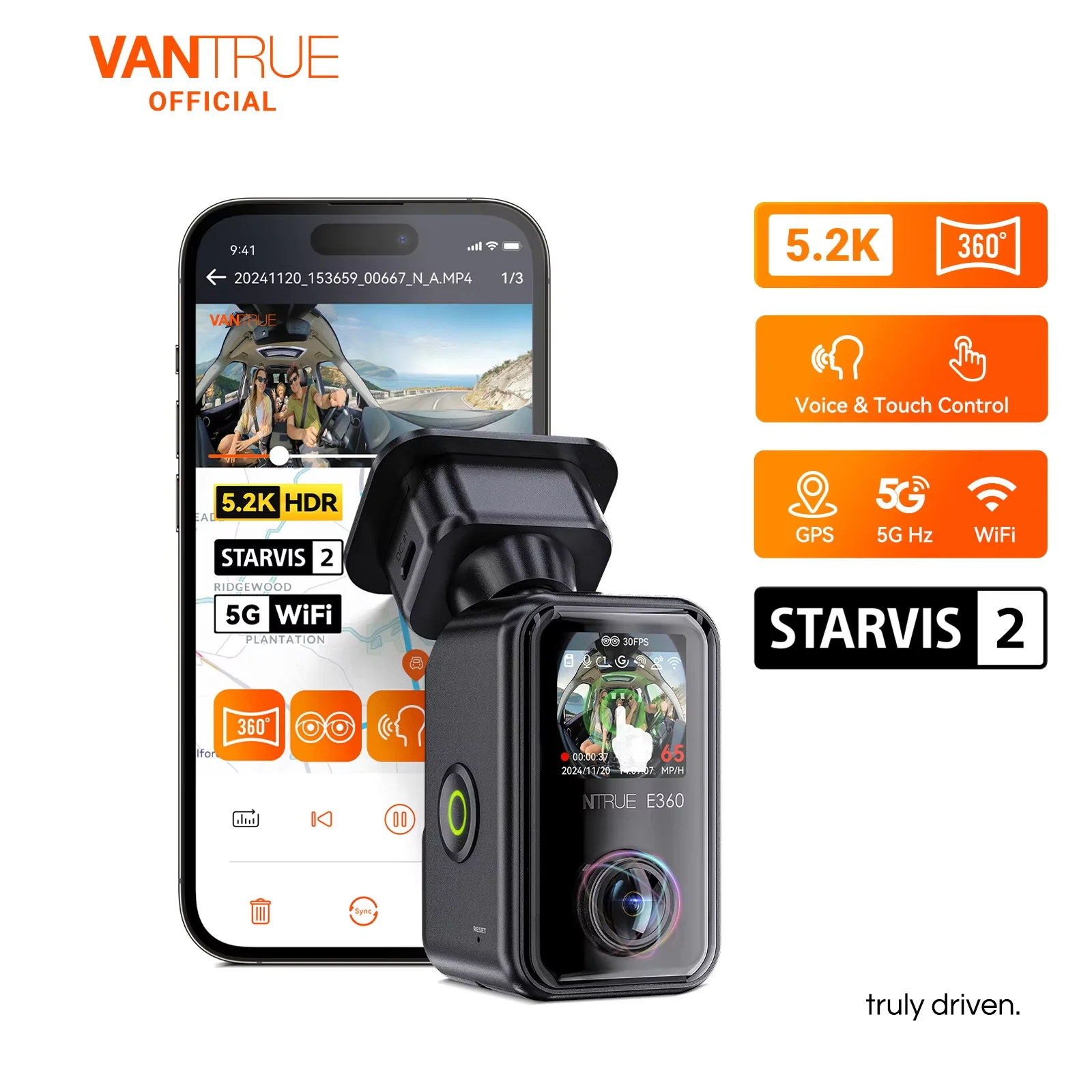 Vantrue E360 Dashcam 360 ° 5.2K Panorámica 5GHz WiFi y GPS Cámara dual STARVIS 2 IR Visión nocturna Control de voz Pantalla táctil para automóviles - imagen 2