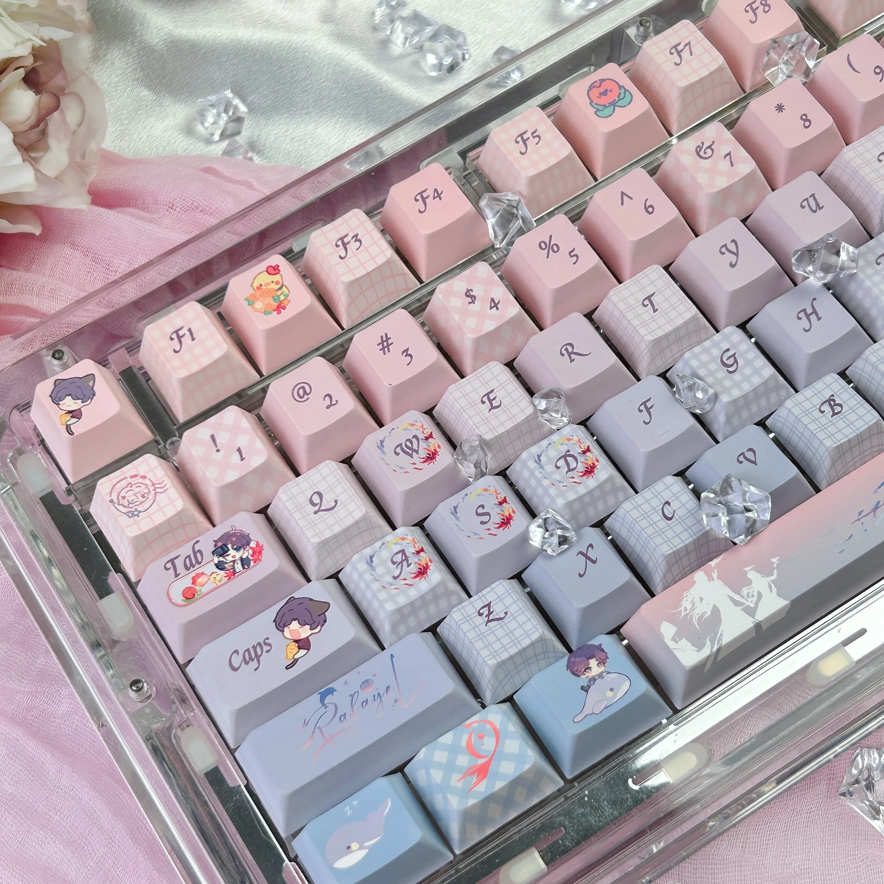 Love and Deepspace-teclas Rafayel, perfil de cereza, rosa, púrpura, gradiente, juego, dibujos animados, versión Q, teclas de teclado PBT - imagen 3