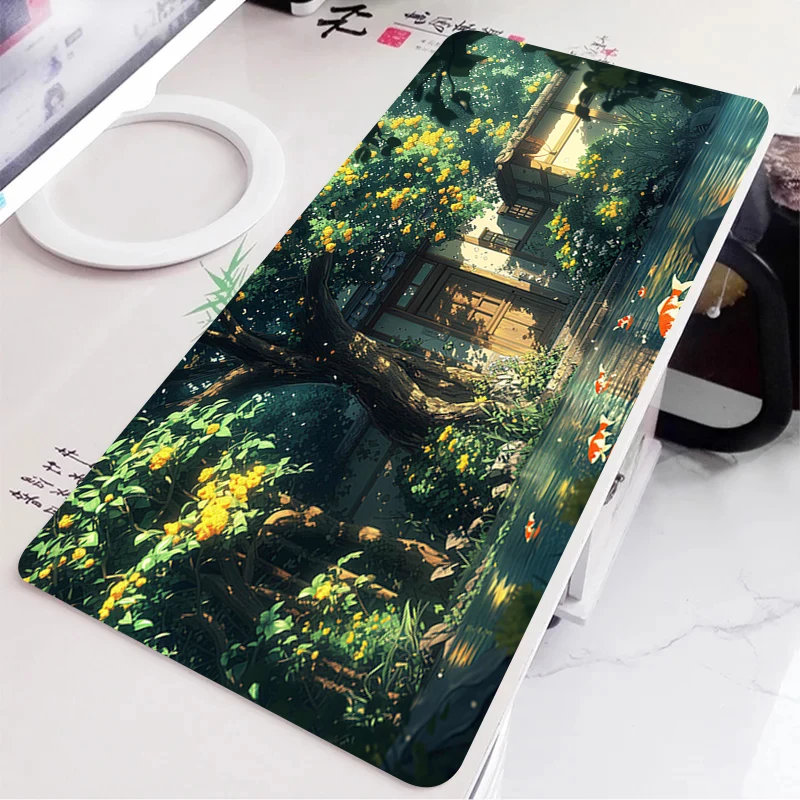 Alfombrilla de escritorio verde con paisaje de Anime Natural, alfombrilla para ratón portátil, accesorios para PC y oficinas, alfombrilla grande para ratón, alfombra de goma, almohadillas extendidas para teclado