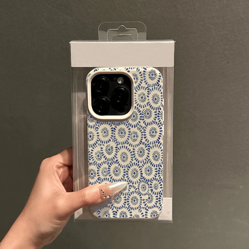 Funda de teléfono con textura de lichi y patrón Floral azul para iPhone 17 16 15 14 13 12 11 Pro Max 17 Air 15 14 Plus X XS XR 16E, funda suave - imagen 2