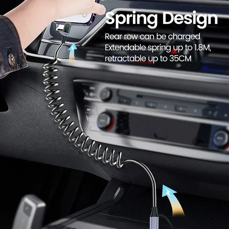 PD 100W resorte en espiral tipo C Cable de carga rápida 2 en 1 USB A/tipo-c a USB C Cable de datos pantalla Digital para iphone16 Huawei - imagen 5