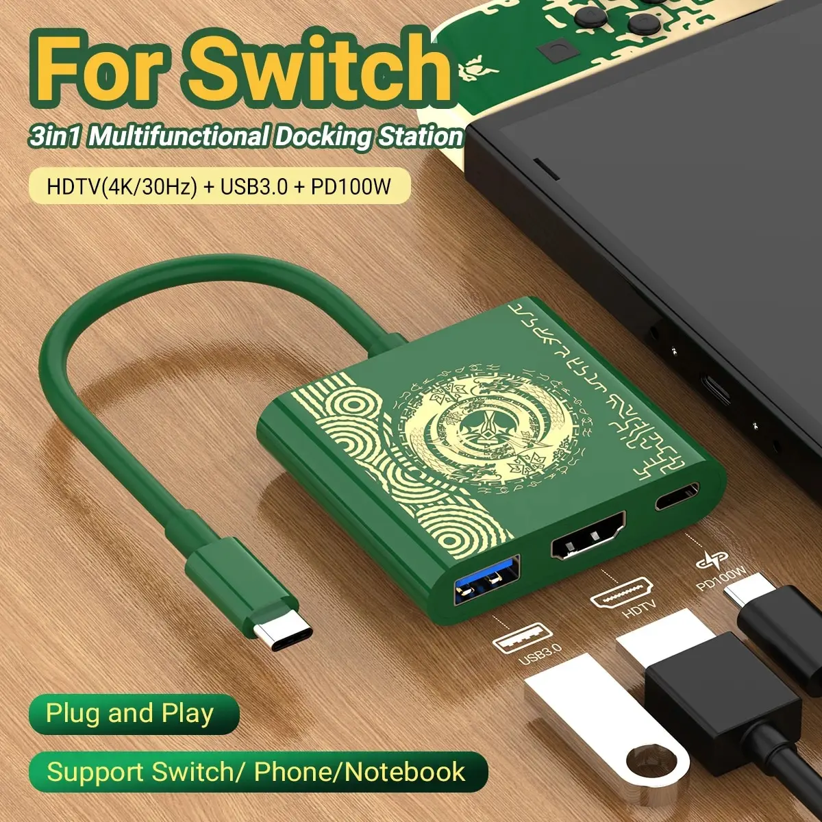 Estación de acoplamiento de juegos PD100W para interruptor/OLED compatible con modo de muelle de TV USB-C a concentrador HDTV 4K para Steam Deck teléfono iPad portátil