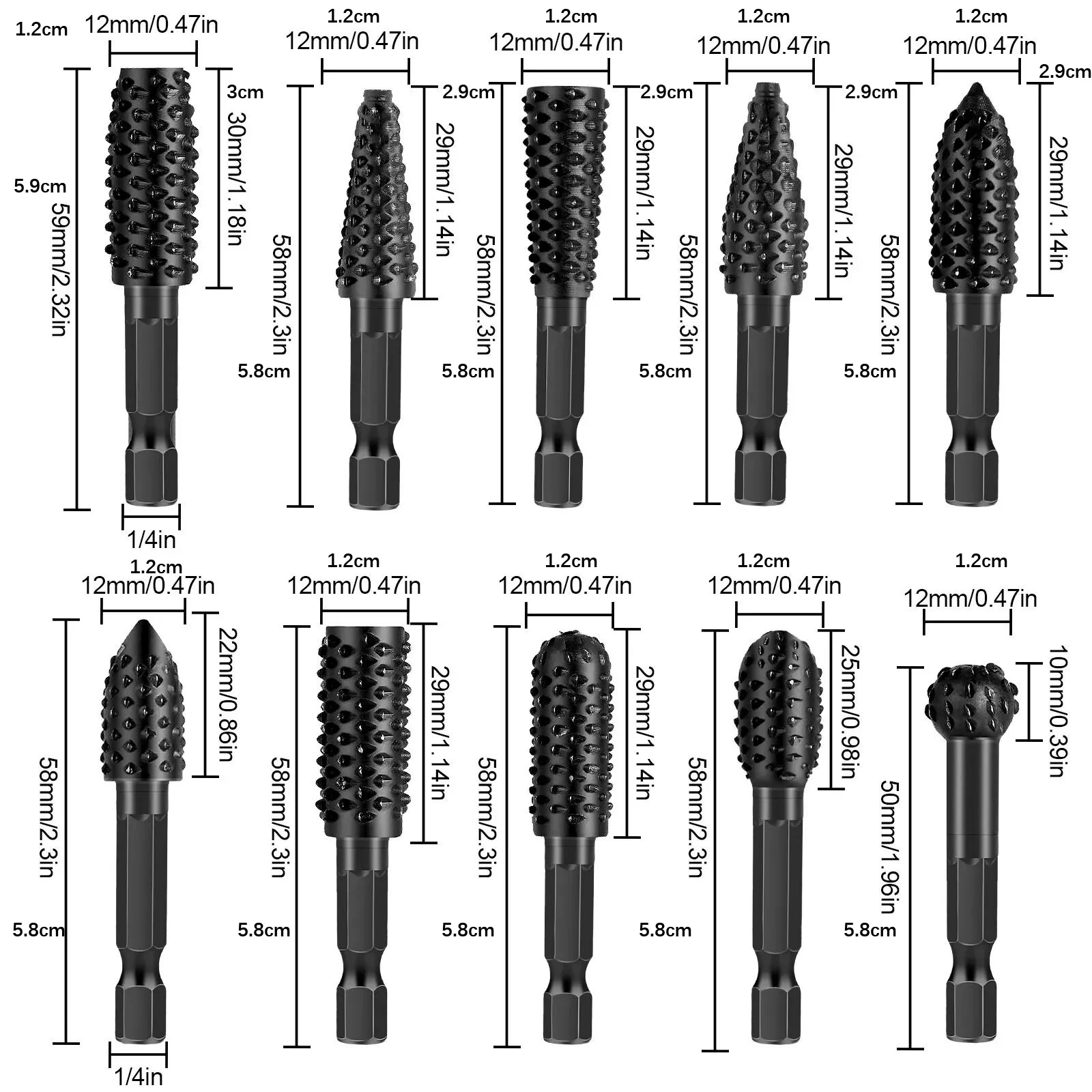 Juego de rebabas rotativas de vástago de 10 unids/set de 1/4 pulgadas, brocas para lima de madera, Kit de escofina rotativa para carpintería, cabezal de molienda de lima rotativa - imagen 3