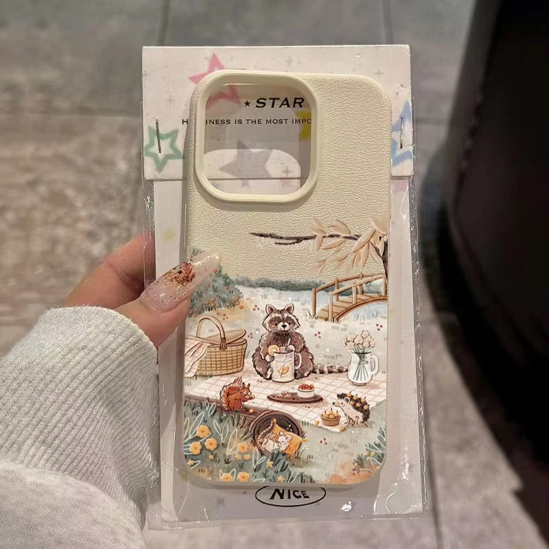 Funda de teléfono con dibujos de animales, oso, ardilla, para iPhone 17 Pro, 16, 15, 14, Plus, 13, 12, 11 Pro Max, funda de silicona suave con patrón de lichi de aire - imagen 2