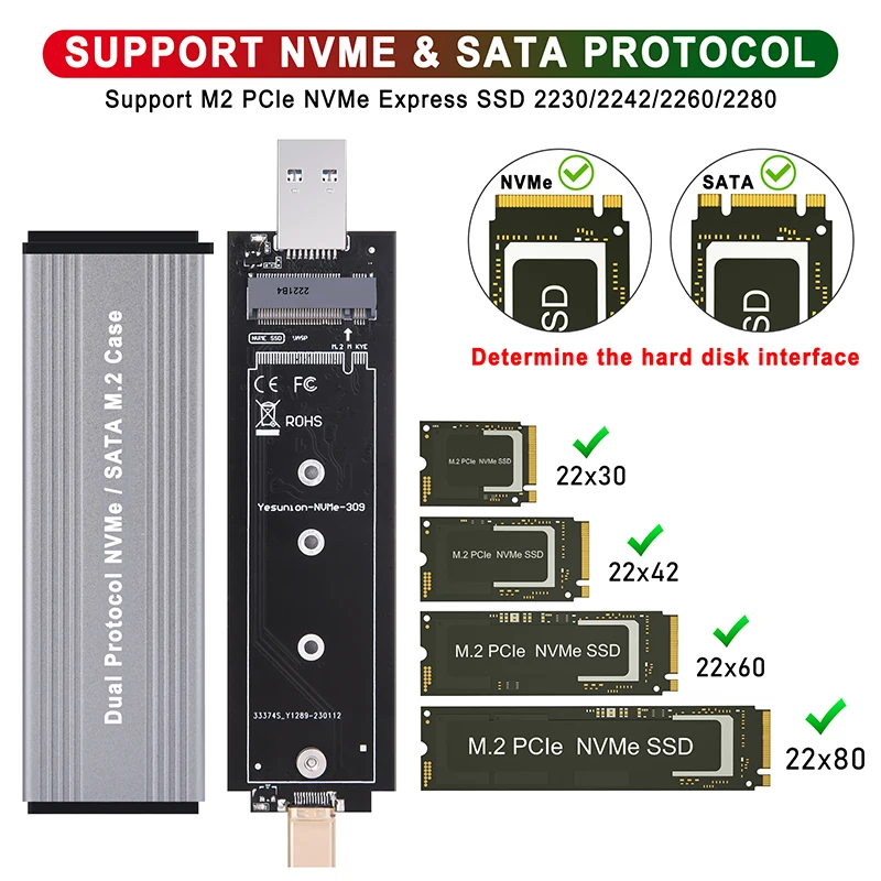 Carcasa de SSD M2 de protocolo Dual, adaptador USB 3,0/Tipo C a M.2, NVME, SATA, 10Gb, USB3.1, Gen2, USB C, caja externa SSD, clave M/B & M - imagen 4