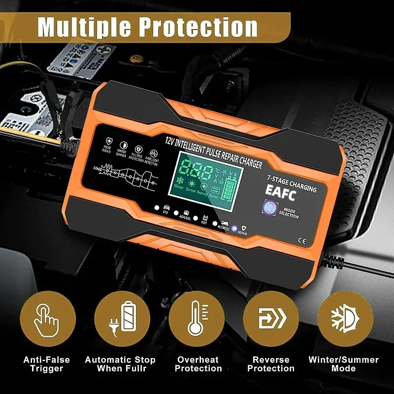 Cargador de batería de coche, carga de 12V 12A para baterías de coche, reparación de pulso de carga de 7 etapas para pantalla LCD de plomo y ácido húmedo de GEL AGM - imagen 3