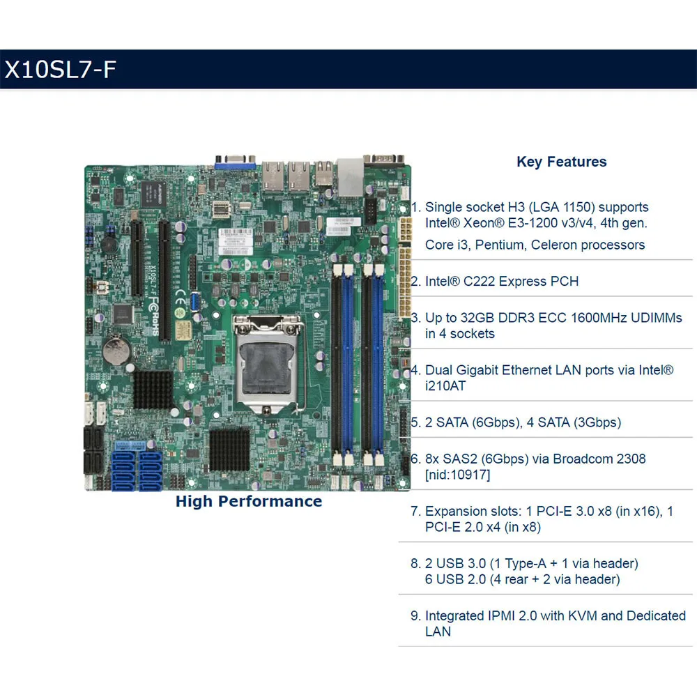 X10SL7-F para placa base microATX de servidor Supermicro LGA 1150 Intel C222 compatible con E3-1200 v3/v4 DDR3 PCI-E 3,0 perfecto probado - imagen 5