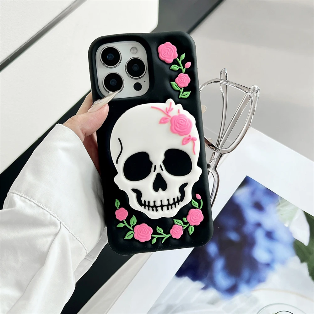 Moda creatividad cráneo Horror Rosa soporte funda para IPhone 17 16 15 14 13 12 11 Pro Max Plus funda suave a prueba de golpes - imagen 2