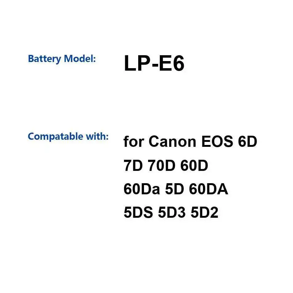 LP-E6 2650Mah para Canon Eos 6D 7D 70D 60D 60Da 5D 60DA 5DS 5D3 5D2 batería de repuesto Premium de alto rendimiento para cámara