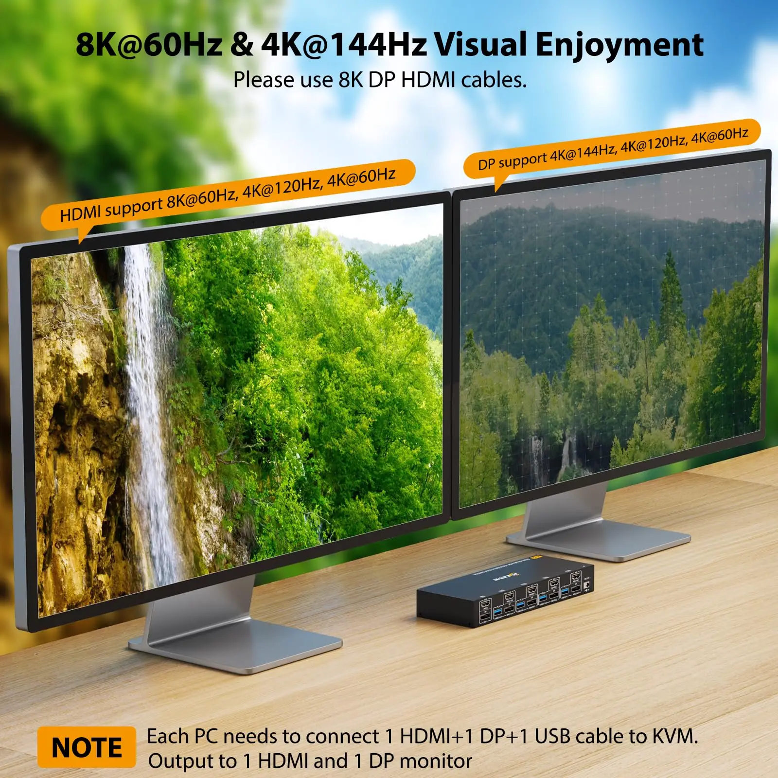 Conmutador KVM Displayport HDMI 8K @ 60Hz 4K @ 144Hz 4 PC 2 monitores, conmutador KVM USB 3,0 para teclado, ratón y impresora, datos de 5Gbps - imagen 5
