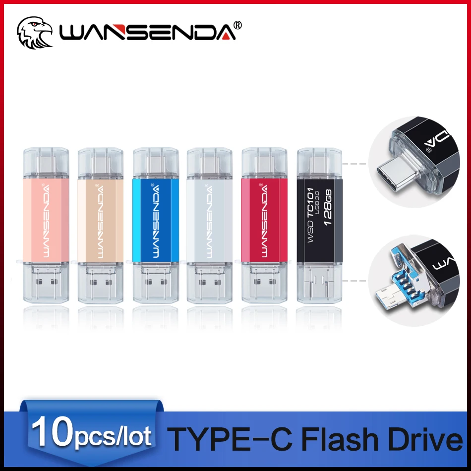 Venta al por mayor 10 unids/lote WANSENDA unidad Flash USB tipo C y MicroUSB Stick 3,0 Pendrive 256GB 128GB 64GB 32GB disco de memoria de alta velocidad