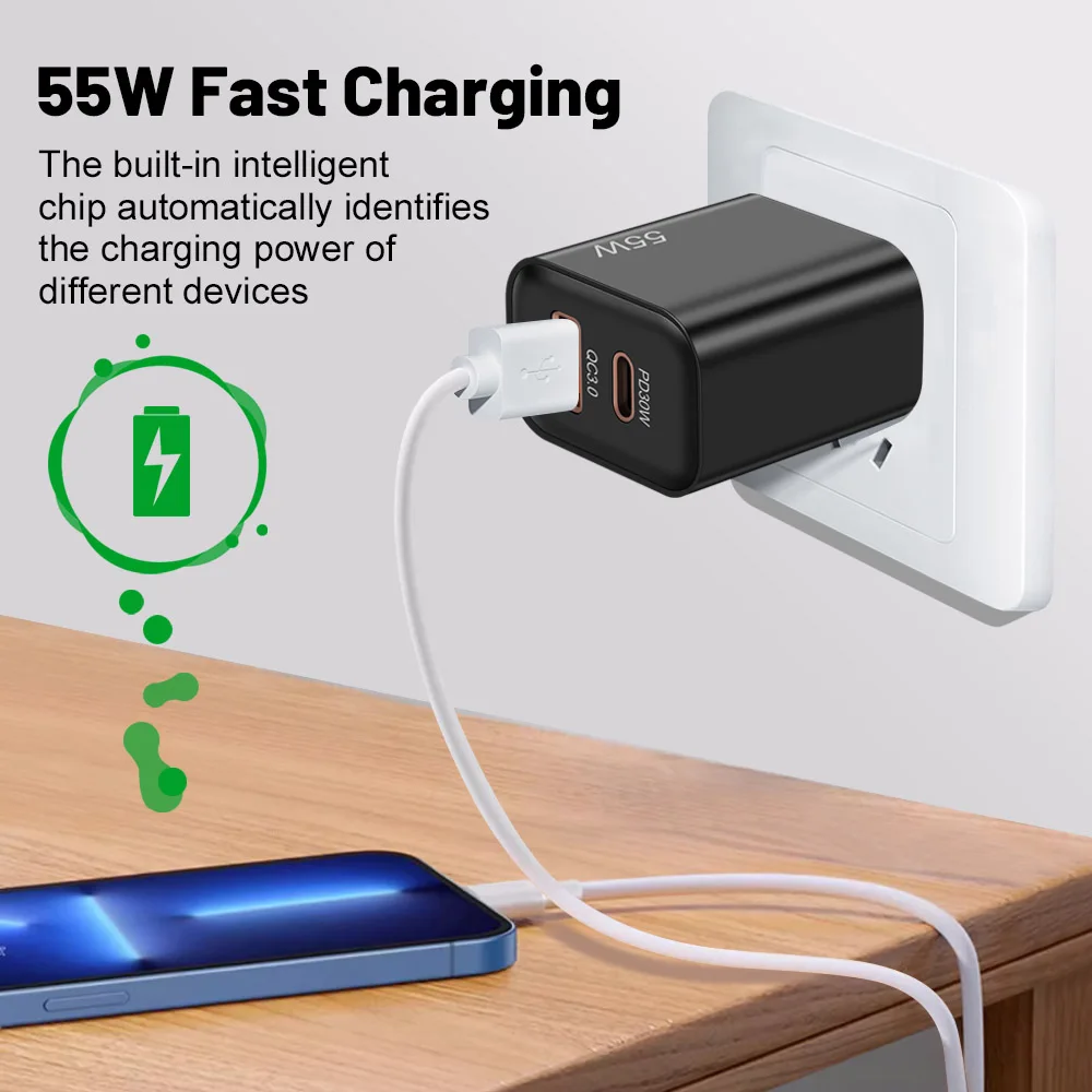 Total 55W USB C PD 30W cargador rápido para iPhone 15 14 13 Samsung Huawei Mate60 Nova Xiaomi OPPO POCO adaptador de corriente de carga rápida - imagen 3