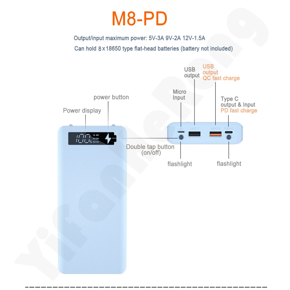 Funda para banco de energía DIY, caja externa con cargador de batería 8x18650 con linterna LED, cargador rápido PD, funda para banco de energía para teléfono inteligente - imagen 5