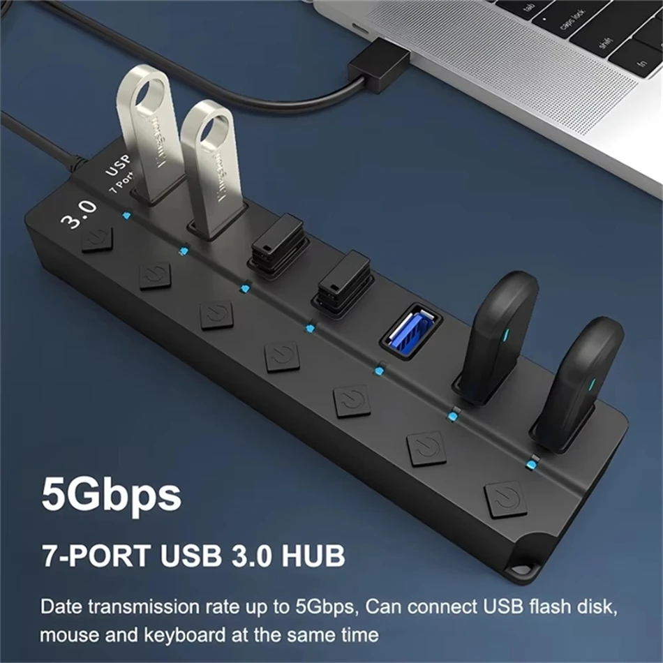 Hub USB 3,0 de 4/7 puertos con indicador LED, Control de interruptor independiente para PC, portátil, unidad Flash, disco duro, impresora, teclado de cámara - imagen 5