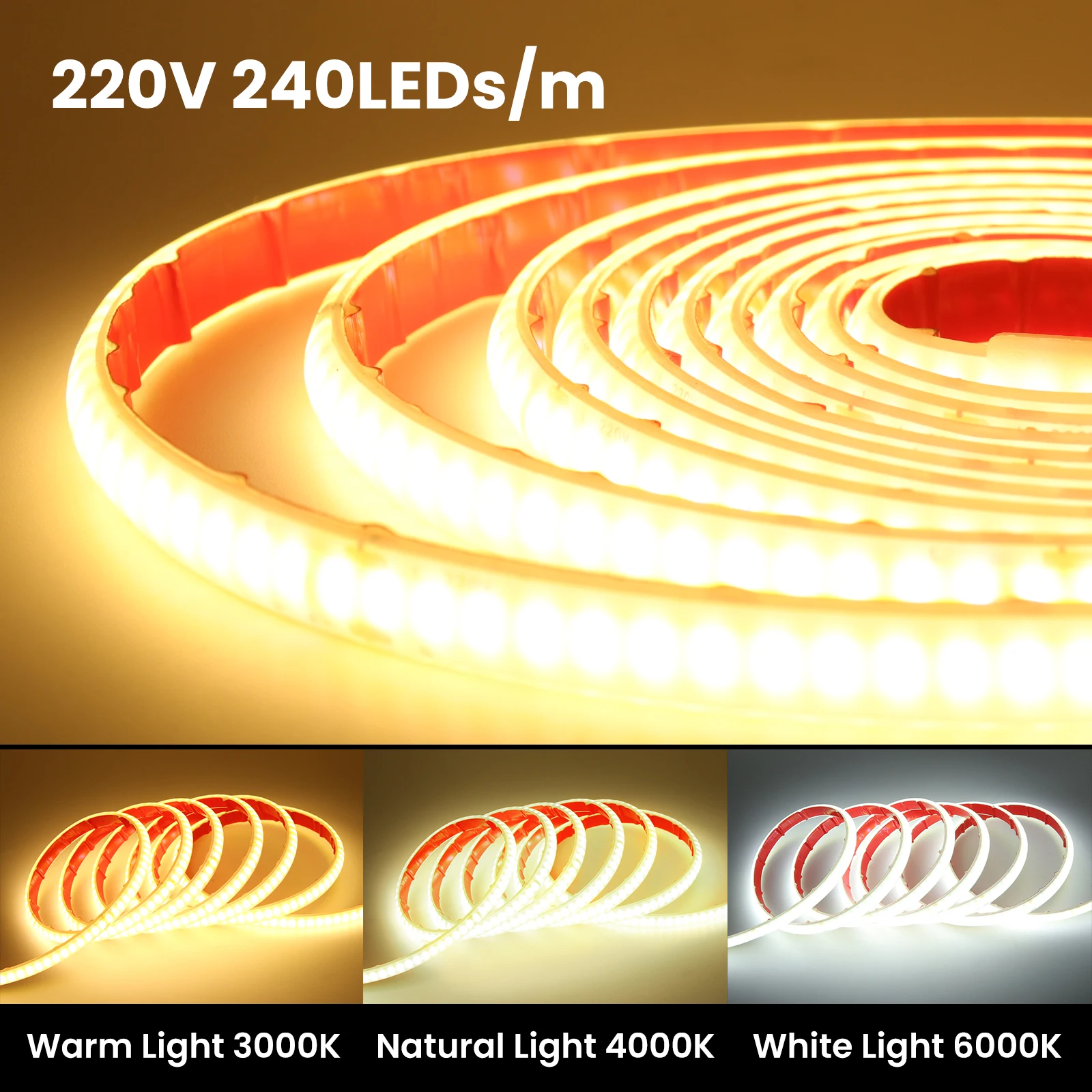 Tira de luces LED COB de 220V, interruptor de enchufe europeo y británico, cinta Flexible de 240LEDs/M, iluminación lineal, iluminación para armario de cocina, jardín impermeable - imagen 3