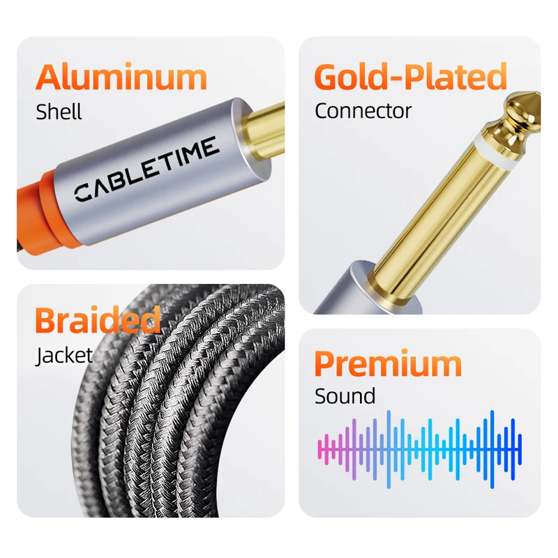 CABLETIME 3,5 mm a doble 6,5 mm TRS Cable de audio Adaptador auxiliar 6,5 Jack a Estéreo 3,5 Jack Cable para IPhone PC Mezclador de tarjeta de sonido - imagen 3