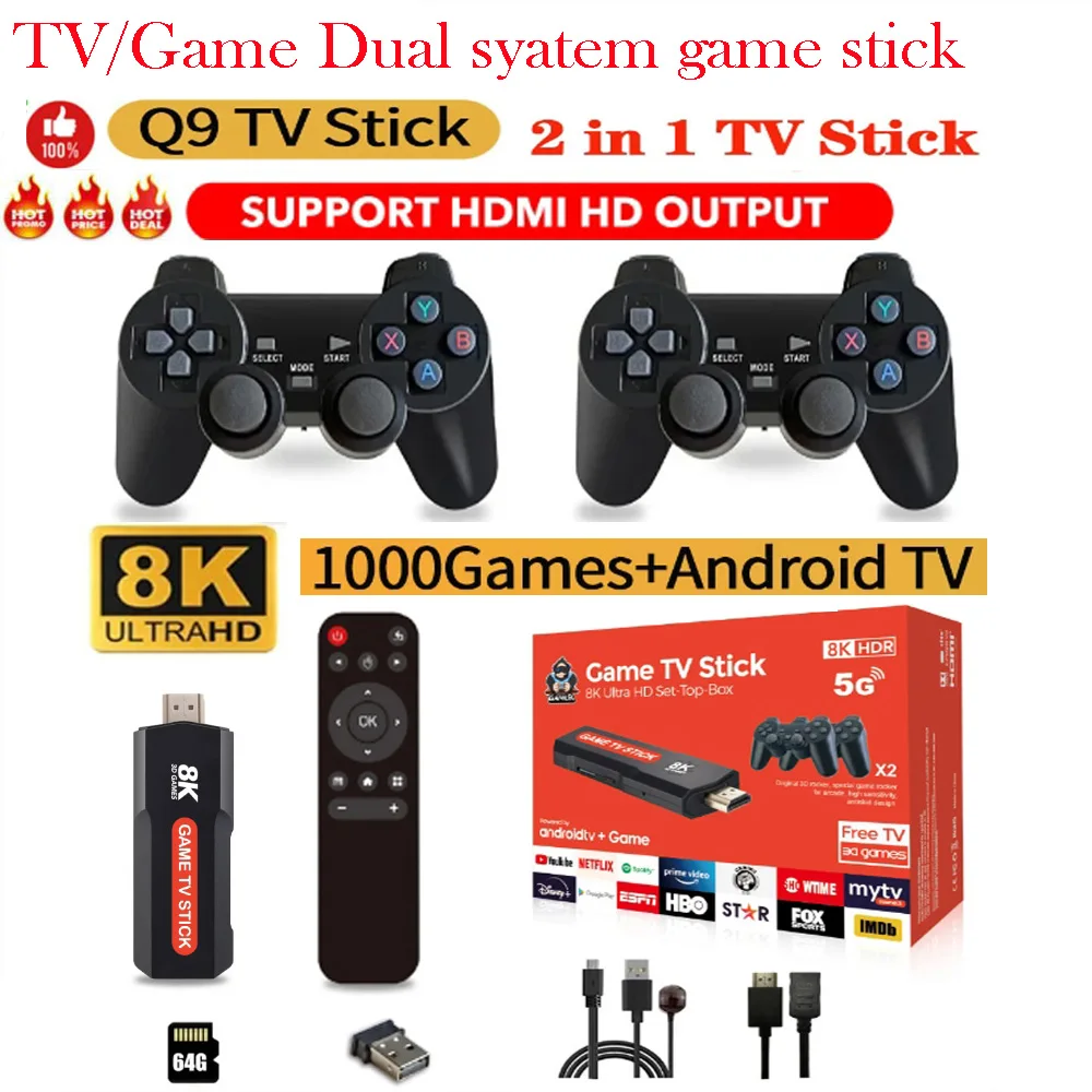 [Genuino] Q9 USB 2,0 sistema Dual Game Stick consola de videojuegos Retro con controlador inalámbrico 64G 8K 5G TV Sticks más de 10000 juegos