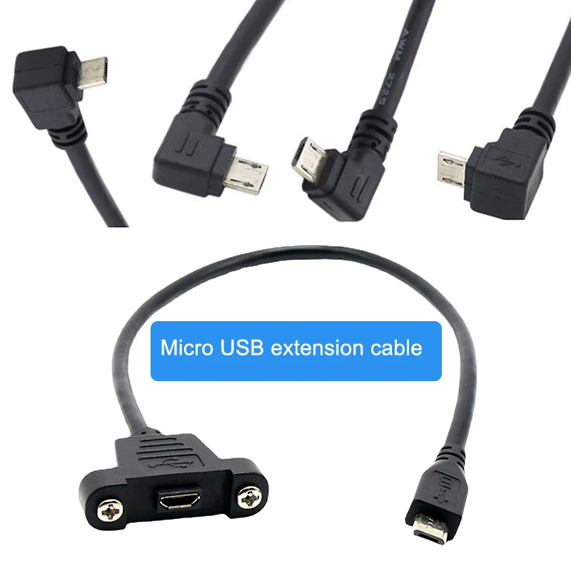 Conector Micro USB 0,3 de 5 pines, conector macho de 90 grados a Cable de extensión Micro hembra con orificios de montaje de Panel de tornillo, 2,0 m