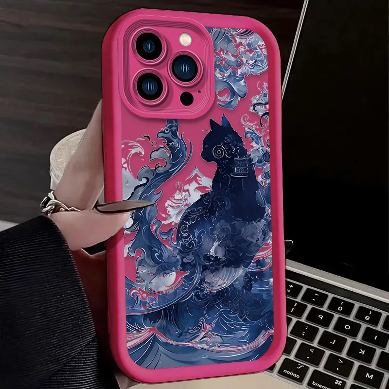 Funda de teléfono suave para iPhone 16 16E 15 14 13 12 11 Pro Max X XS X S Max XR SE 2020 SE4 7 8 Art Splash-ink Cat cubierta a prueba de golpes - imagen 4
