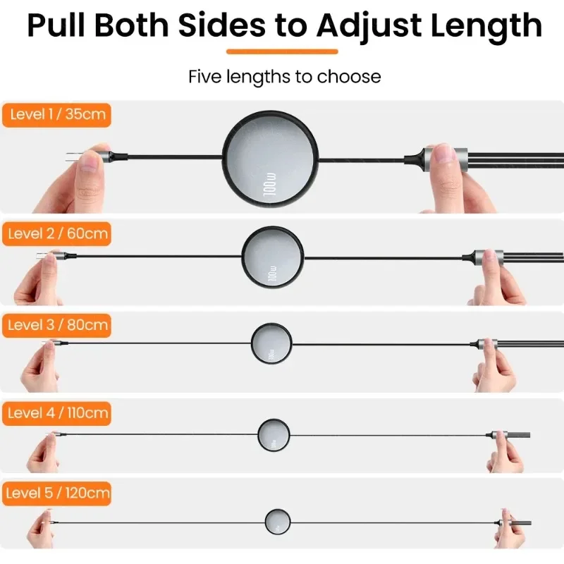 6A 100W 3 en 1 Cable USB rápido para Huawei/Honor Cable cargador Micro USB tipo C portátil retráctil 3 en 1 para iPhone Samsung - imagen 5