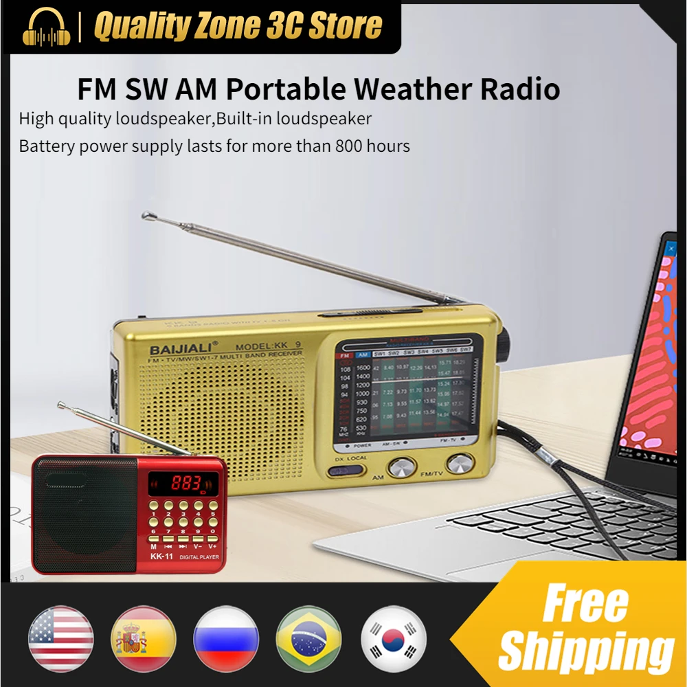 Radio meteorológica portátil FM SW AM, Mini Radio Retro de banda completa, caja de sonido con batería, altavoz incorporado, de mano para interiores y exteriores