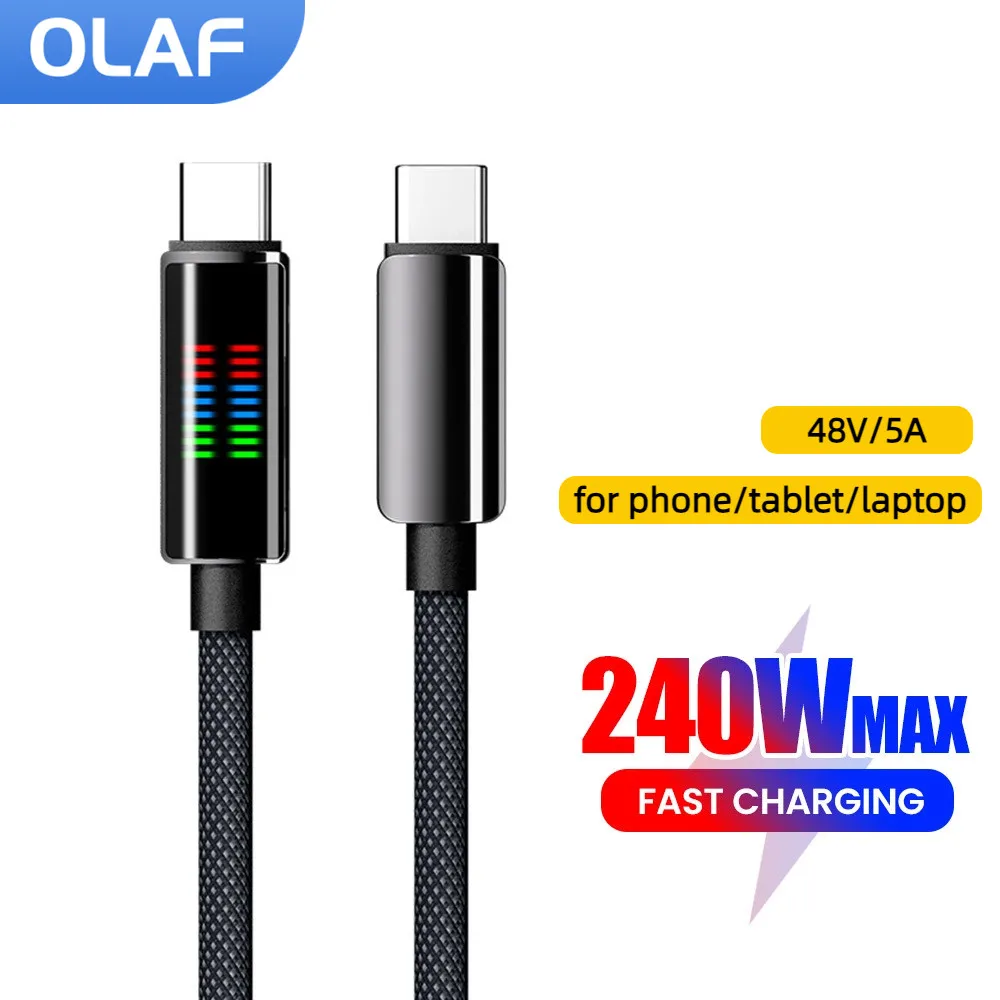 Cable de datos trenzado tipo C a USB C de 240W, Cable tipo C de carga rápida para MacBook iPhone 15 16 Samsung Xiaomi carplay LED