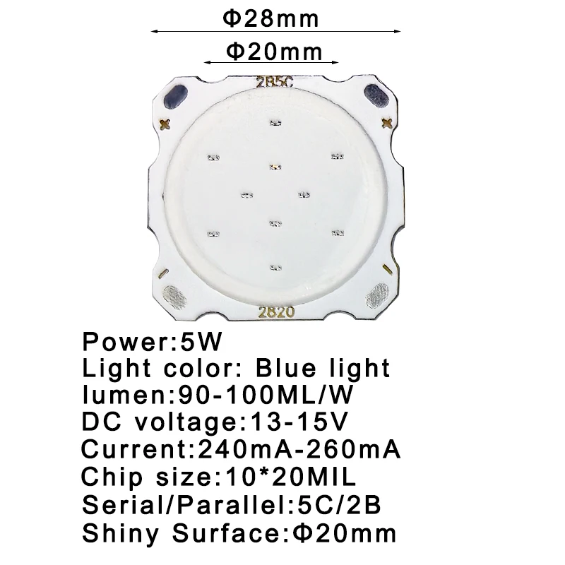 10 Uds. Por lote, Chip de fuente Led rojo, azul y verde, alta potencia, 5W, superficie brillante COB, bombilla de 20mm, foco, lámparas de luz descendente - imagen 4