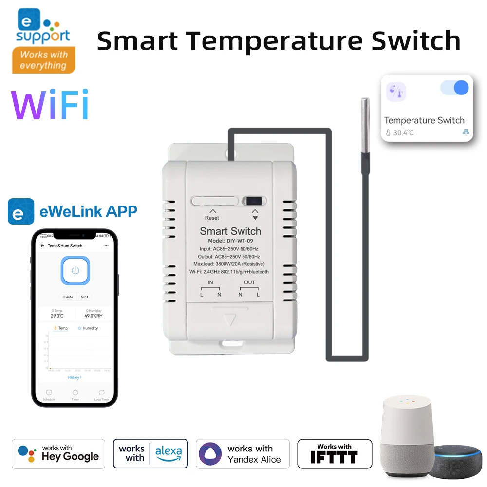 Ewelink WiFi Sensor de temperatura y humedad seguridad automatización del hogar monitoreo interior termómetro funciona con Alexa Google