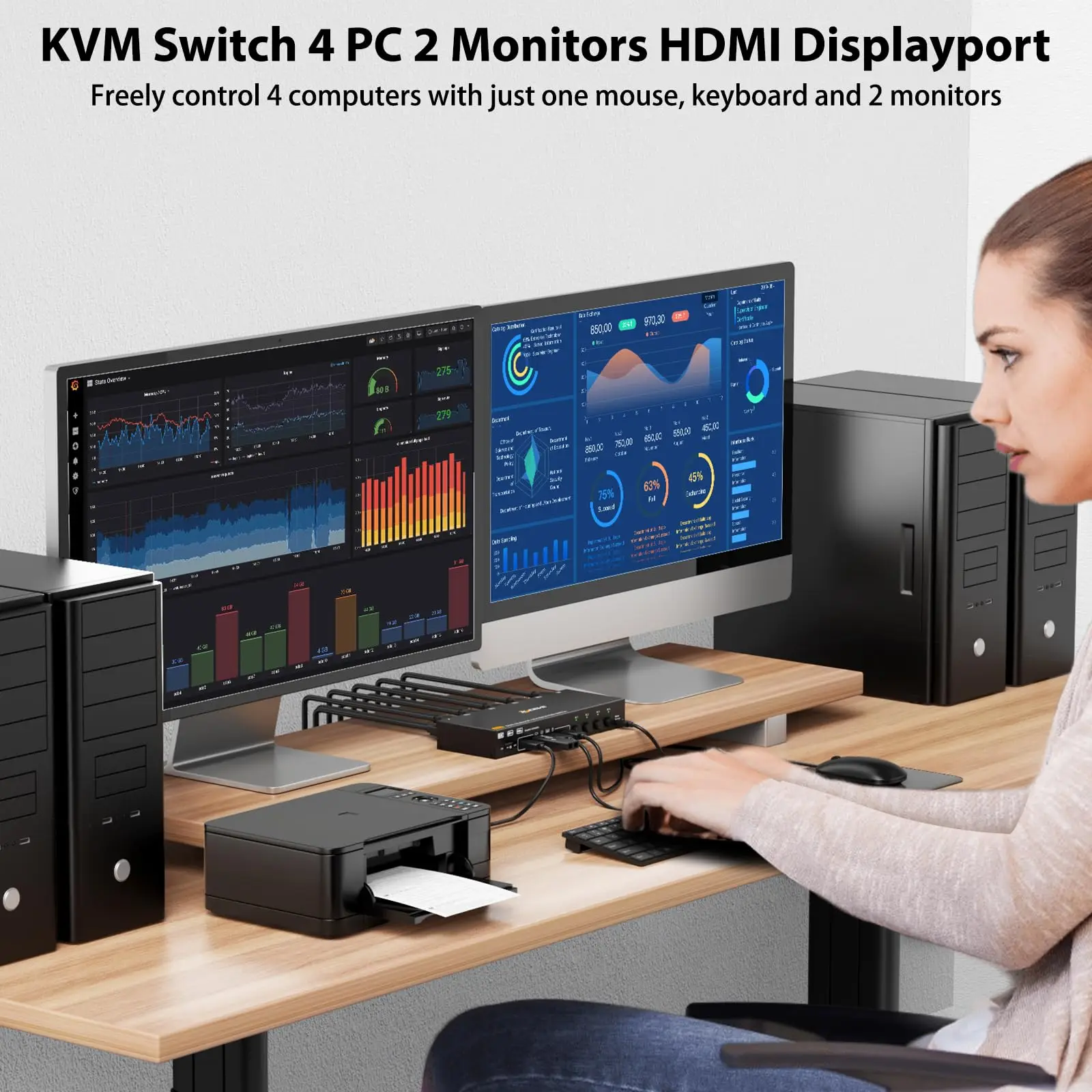 Conmutador KVM Displayport HDMI 8K @ 60Hz 4K @ 144Hz 4 PC 2 monitores, conmutador KVM USB 3,0 para teclado, ratón y impresora, datos de 5Gbps - imagen 3