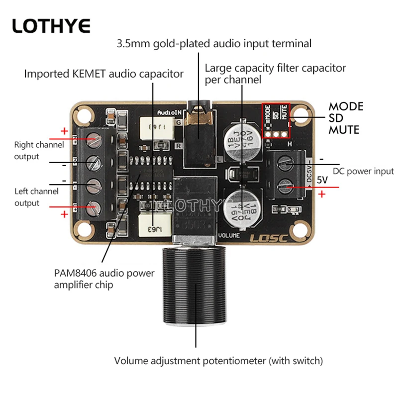 AMPLIFICADOR PAM8406 Clase D 5W x 2 Placa amplificadora digital estéreo de doble canal Módulo amplificador de audio 5V - imagen 2