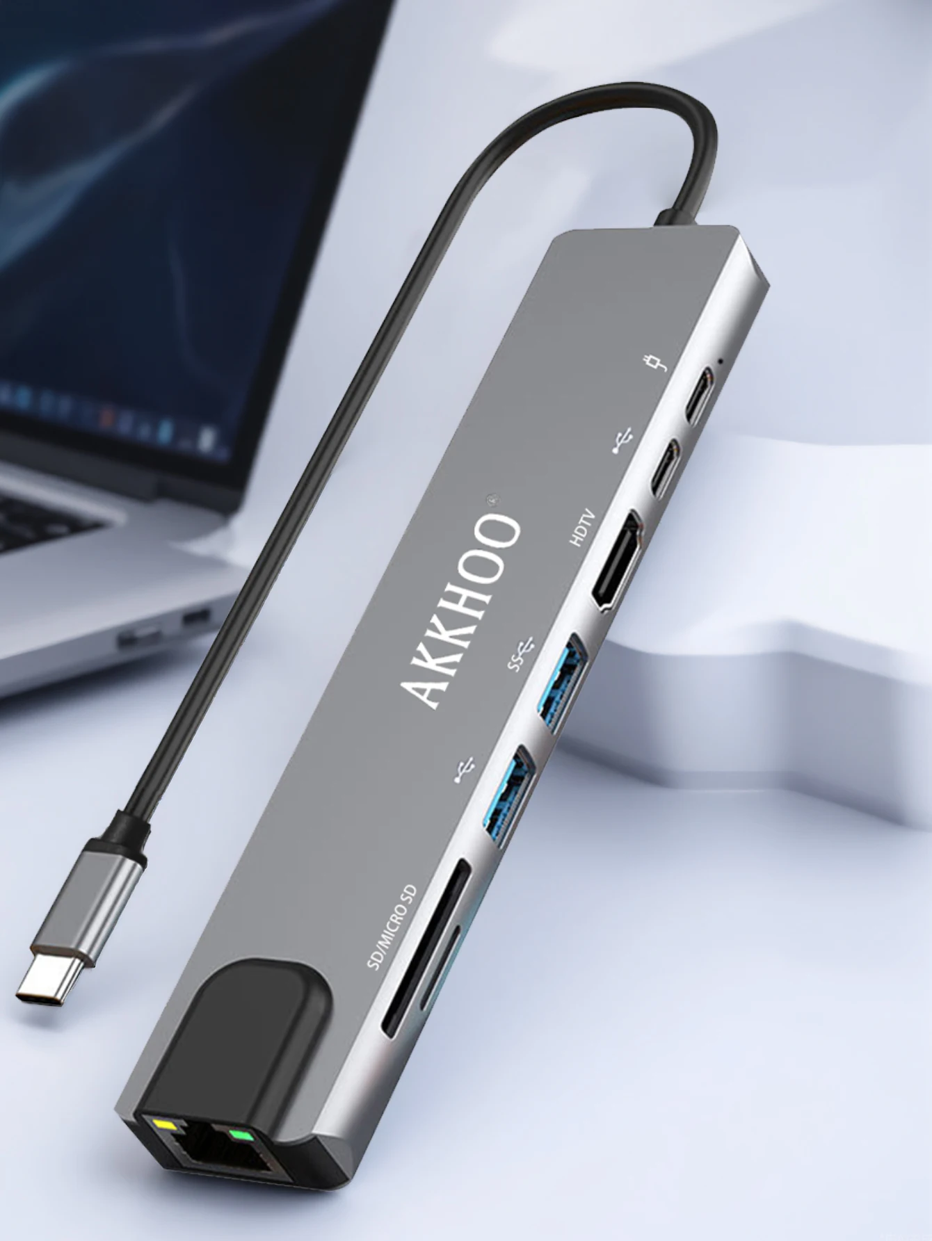 AKKHOO USB-C 4K HDTV 5Gbps Mini estación de acoplamiento para computadora portátil (1,27x0,55 pulgadas), carga rápida PD100W, 8 en 1, estación de acoplamiento para teléfono - imagen 2