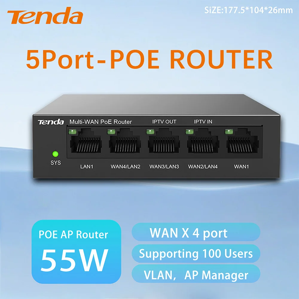 Tenda Fuente de alimentación PoE Gigabit de 5 puertos Gestión AP Enrutador de malla Enterprise100/1000Mbps integrado Gerente web Versión en inglés