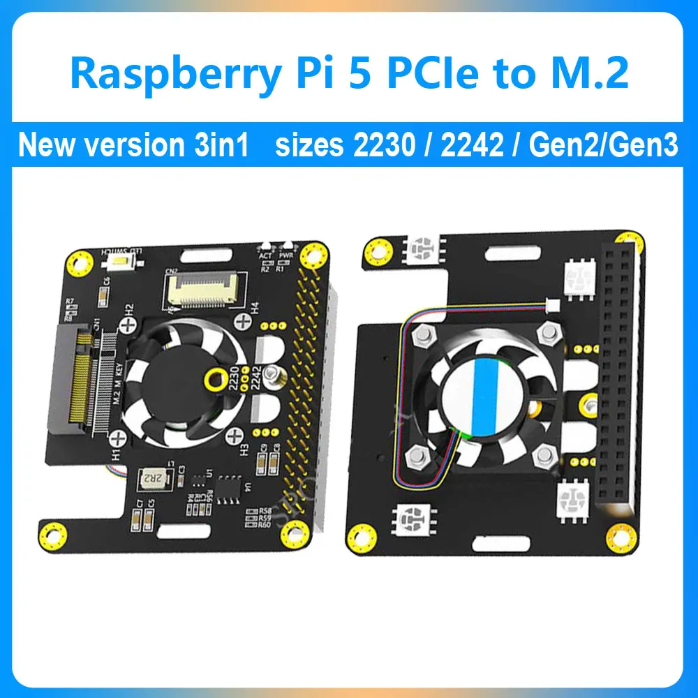 Raspberry Pi 5 PCIe a M.2 NVMe SSD Hat 3 en 1 Gen2 y Gen3 estándar, decoloración automática LED con tamaño de ventilador 2230 2242