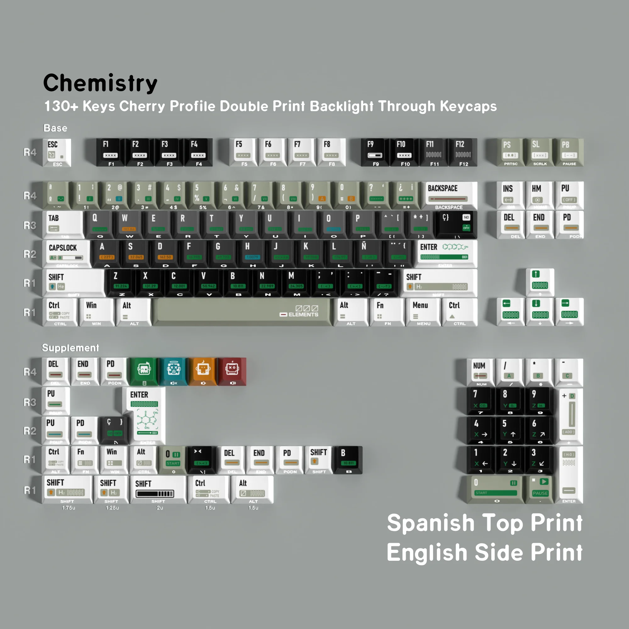 Teclas con tema de química Cherry PBT Dye Sub Keycaps alemanes francés español coreano ruso para teclas de teclado mecánico ISO ANSI - imagen 4