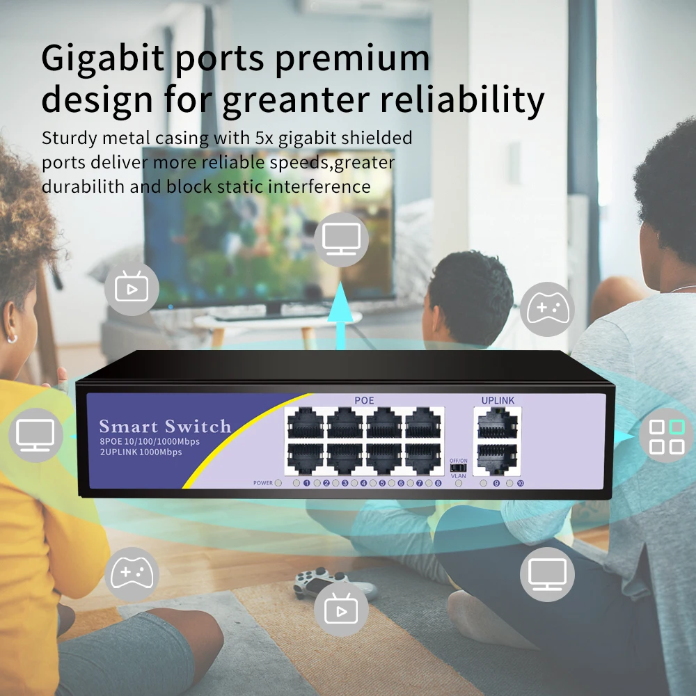 Conmutador KuWFi Gigabit POE 52V 10/100/1000Mbps 8 puertos POE + 2 uplinks + 2 redes Ethernet 802,3 af/at para cámara IP/AP inalámbrico - imagen 2