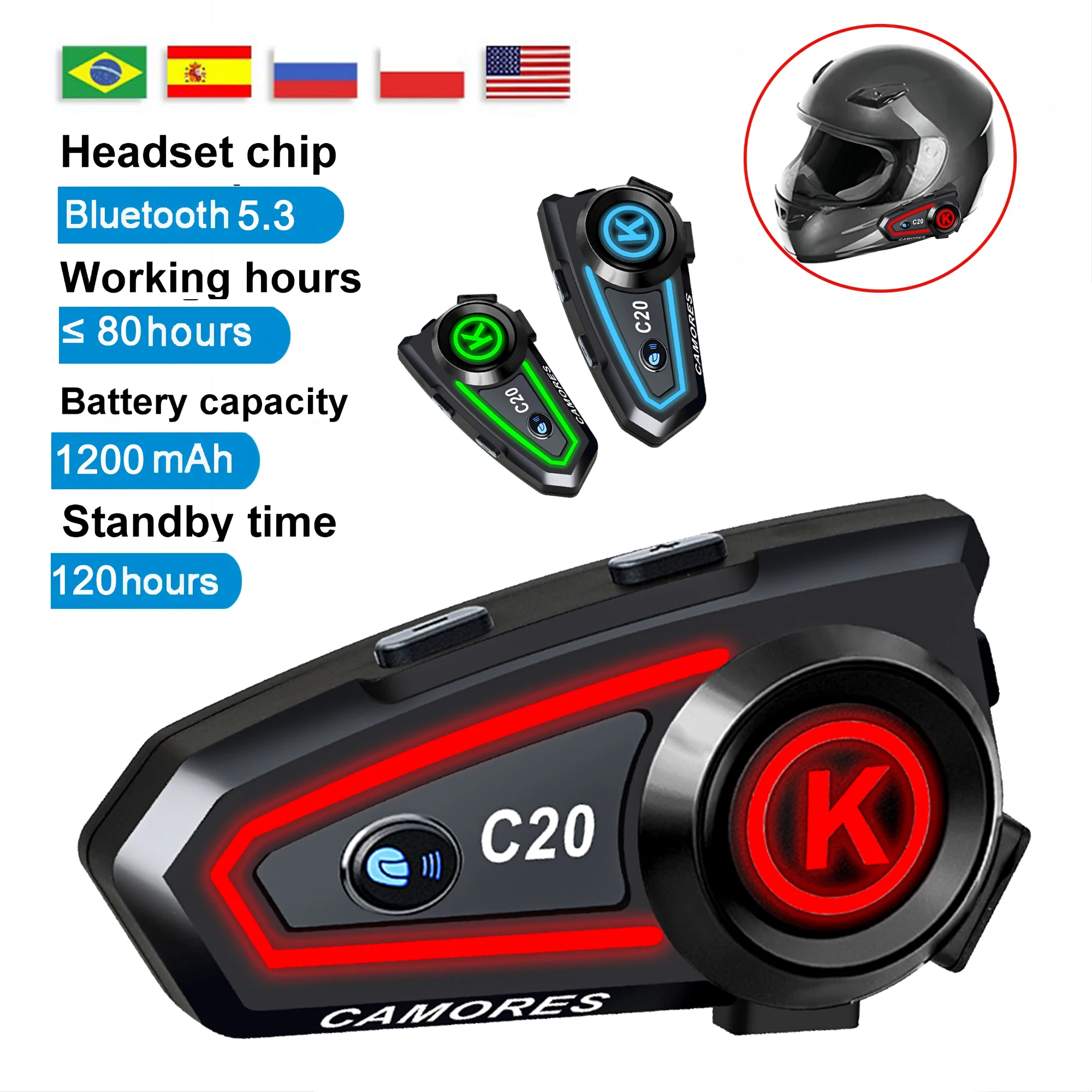 Auriculares estéreo para casco de motocicleta, cascos con Bluetooth, manos libres, llamadas, IPX7 resistentes al agua, reducción de Roise, con luz ambiental tricolor - imagen 2