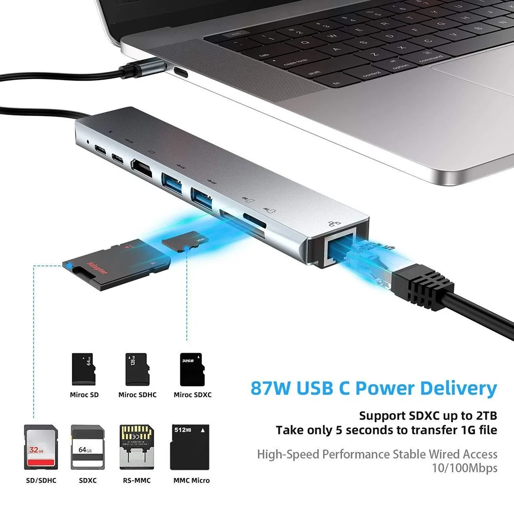 8 en 1 USB tipo C a 4K HD RJ45 Hub adaptador USB 3,0 TF PD cargador Hub estación de acoplamiento cargador rápido estación de acoplamiento Dropshipping - imagen 5